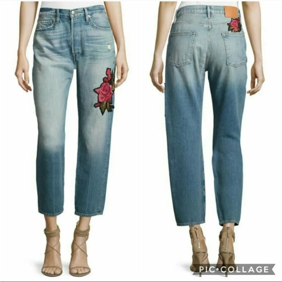 Frame Denim Le Original Rose Floral Patch Distressed Hi Rise Pants - Size 24